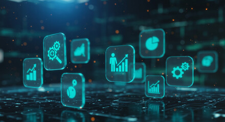 Floating icons representing various business metrics and analysis tools, set against a technological backdrop, symbolize data-driven strategies.
