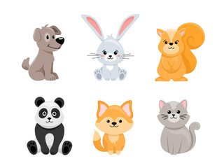 Set of six adorable cartoon animals including dog, bunny, squirrel, panda, fox, and cat in a flat cute style on a white background. Concept of cute pets and wildlife. Vector illustration