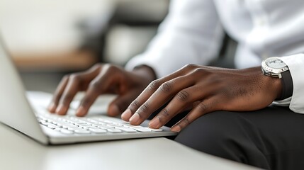 Close-up of a person typing on a laptop keyboard, wearing a watch