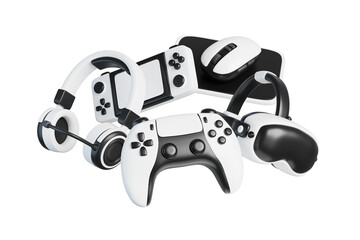 Video game 3d blue background with flying joystick, virtual reality headset, headphones, portable console and computer mouse. Realistic electronic gamer devices render web banner © marozhkastudio