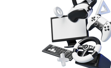 Video game 3d web banner with flying joystick, vr glasses, computer, gamer keyboard, steering wheel. Abstract blue render background with electronic devices, gamepad and controller © marozhkastudio