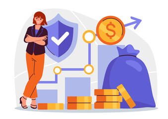 Confident businesswoman standing by financial icons including coins, shield, and chart on abstract background. Concept of finance growth and security. Vector illustration