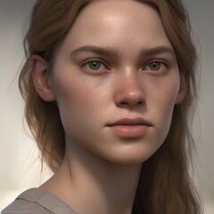 Fototapeta premium A highly detailed, hyper-realistic close-up portrait of an AI-generated human face. This digital artwork features lifelike skin textures, expressive eyes, and natural lighting.