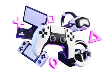 Video game devices neon dark 3d background. Joystick gamepad, vr glasses, portable console, steering wheel, desktop computer, keyboard with abstract render elements, purple web banner