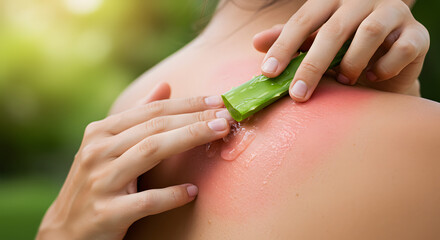 Woman Applies Aloe Vera Gel to Soothe Sunburn Relief Natural Remedy for Skin Burn Healing Medical Treatment Outdoor Care Summer Skincare