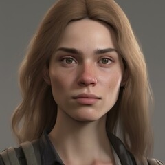 Fototapeta premium A highly detailed, hyper-realistic close-up portrait of an AI-generated human face. This digital artwork features lifelike skin textures, expressive eyes, and natural lighting.