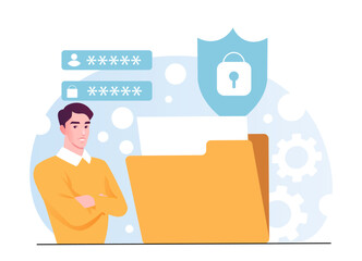Man standing near folder with lock shield icon, password fields and gear icons in flat style on abstract background. Concept of cybersecurity and privacy. Vector illustration
