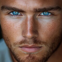 Obraz premium Intense Gaze: Close-Up Portrait of Handsome Male with Blue Eyes and Freckles