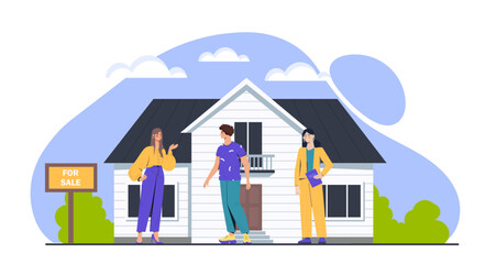 People standing in front of a house with a for sale sign, flat graphic style, with abstract blue background and clouds, concept of real estate buying. Vector illustration