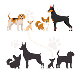 Group of cartoon-style dog breeds with matching black silhouettes on white background with paw prints, concept of dog identification. Vector illustration