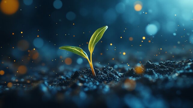 seedling sprouting in dark soil with magical glowing particles