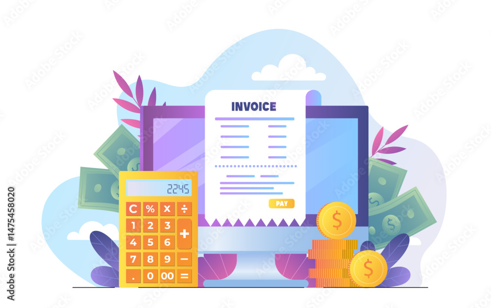 Poster digital invoice with calculator and coins displayed on computer screen, colorful flat style on white