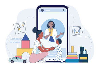 Woman playing with toddler in front of large smartphone showing another woman on video call, surrounded by toys and drawings. Concept of virtual family bonding. Vector illustration