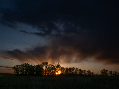 the sun shines through trees at sunset 