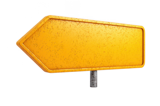 Bright yellow directional sign pointing left with a weathered texture against a transparent background for creative use