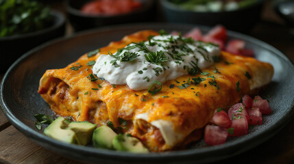 Enchiladas with creamy sauce on plate