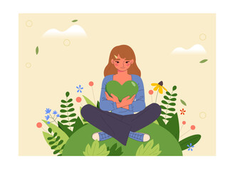 A girl with long hair sits on a green hill, hugging a green heart, surrounded by colorful flowers and plants, with soft clouds in the sky. Nature care concept. Vector illustration