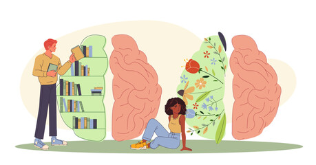 Illustration of man with books and woman sitting between abstract brain halves, one side floral and other as a bookshelf, on white background. Concept of creativity and knowledge. Vector illustration © Rudzhan