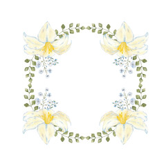 Wreath with white lilies, blue flowers and green leaves. Hand drawn. Template for first communion, baptism, wedding, bithday greeting cards, invitation, save the date. Copy space. Botanical frame
