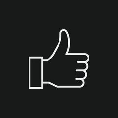 White Outline Icon of a Thumbs Up Gesture on Black Background Like, Approval, and Positive Symbol