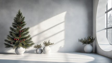 Stylish indoor christmas decoration with tree and minimalist planters