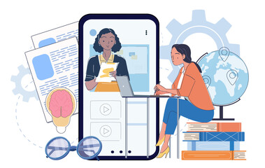 Woman learning at home using laptop and video call for online education, flat graphic style on white background, concept of remote learning. Vector illustration