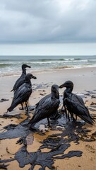 Oil Spill Disaster: Seabirds Struggle on Polluted Beach