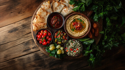 Assorted foods on a wooden plate