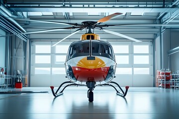 A helicopter with white and red paint stands inside a bright hangar with closed doors in the background