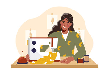Smiling woman using a sewing machine at a wooden table, fashion sketches in background, flat graphic style, creative fashion design concept. Vector illustration