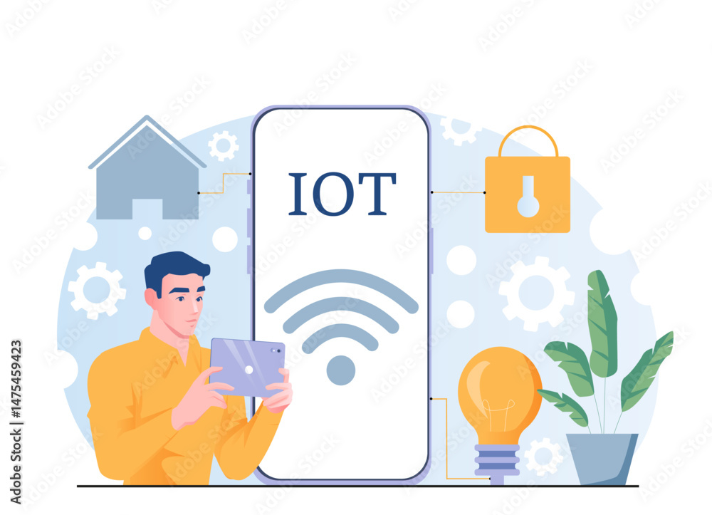 Poster man holding tablet near a large smartphone screen showing iot with connected icons of house, padlock