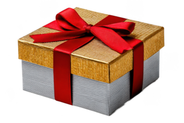 Beautifully wrapped gift box featuring golden lid and vibrant red ribbon against a transparent background perfect for any special occasion