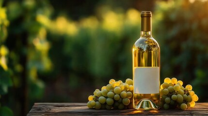 White wine bottle with grapes