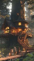 Enchanting treehouse in lush forest with illuminated windows