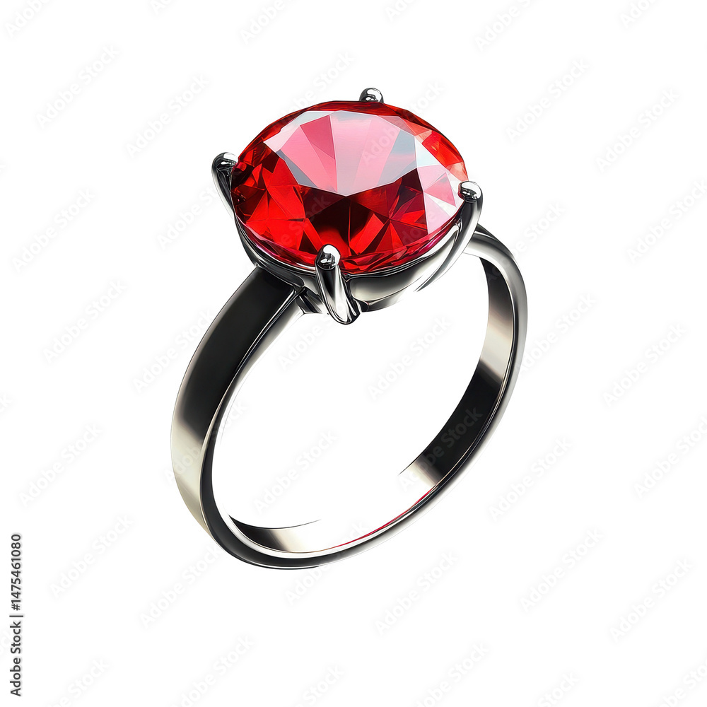 Poster ruby ring with sleek silver band isolated against a clean transparent background, ring with a ruby i
