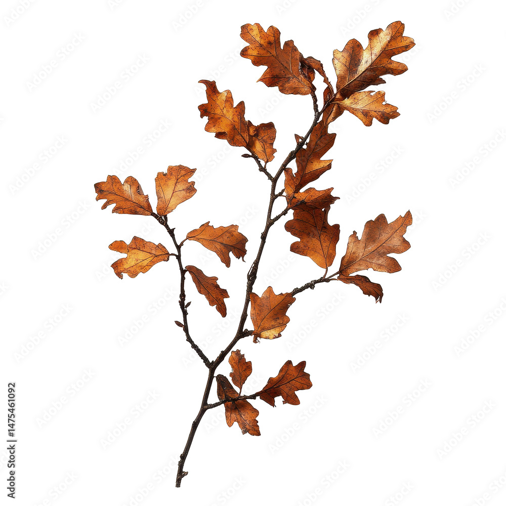 Poster oak branch showcasing autumn brown leaves casting shadows on a light background in a tranquil settin