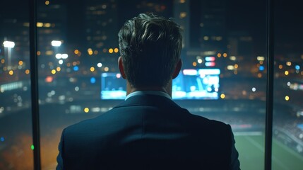 Business executive overlooking a city at night