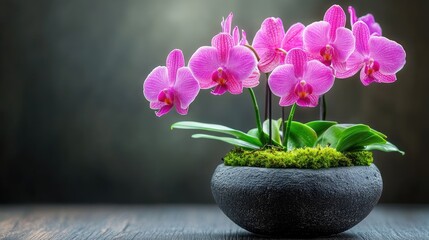 Pink Orchid in Pot on Wooden Table