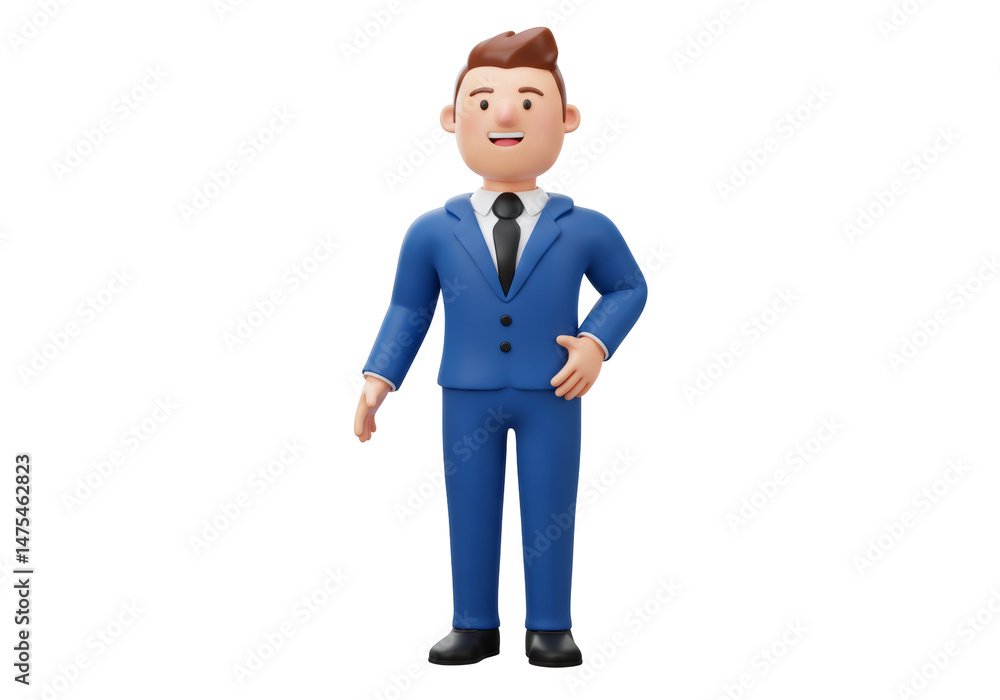 Fototapete 黒い背景に青いスーツとネクタイを着た漫画の3d男性キャラクター 白いシャツを着た笑顔の自信に満ちた男性がレンダリングされた全身の肖像画