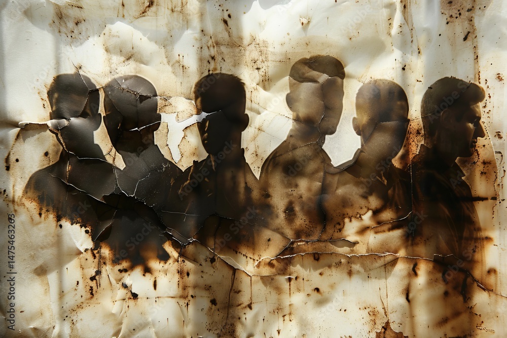Poster silhouettes of six male figures emerging from a crumpled backdrop with burnt edges, creating a haunt