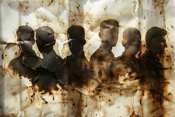 Silhouettes of six male figures emerging from a crumpled backdrop with burnt edges, creating a haunting and abstract representation of memory.
