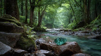 Obraz premium Emerald Glass Shard on Mossy Rocks by Forest Stream