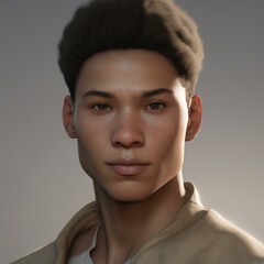 A highly detailed, hyper-realistic close-up portrait of an AI-generated human face. This digital artwork features lifelike skin textures, expressive eyes, and natural lighting.