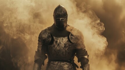 Medieval warrior in darkened, smoky battlefield.