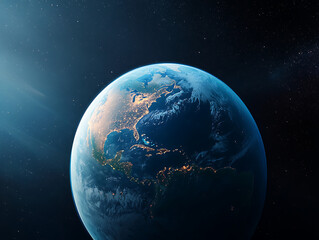 Earth with night, space, and sun rays.