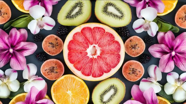 Colorful fruit and flower pattern on dark background.