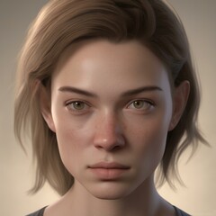 A highly detailed, hyper-realistic close-up portrait of an AI-generated human face. This digital artwork features lifelike skin textures, expressive eyes, and natural lighting.