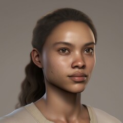 Naklejka premium A highly detailed, hyper-realistic close-up portrait of an AI-generated human face. This digital artwork features lifelike skin textures, expressive eyes, and natural lighting.