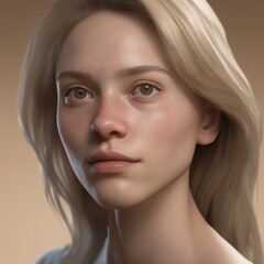 A highly detailed, hyper-realistic close-up portrait of an AI-generated human face. This digital artwork features lifelike skin textures, expressive eyes, and natural lighting.