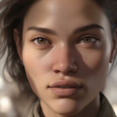 Fototapeta premium A highly detailed, hyper-realistic close-up portrait of an AI-generated human face. This digital artwork features lifelike skin textures, expressive eyes, and natural lighting.